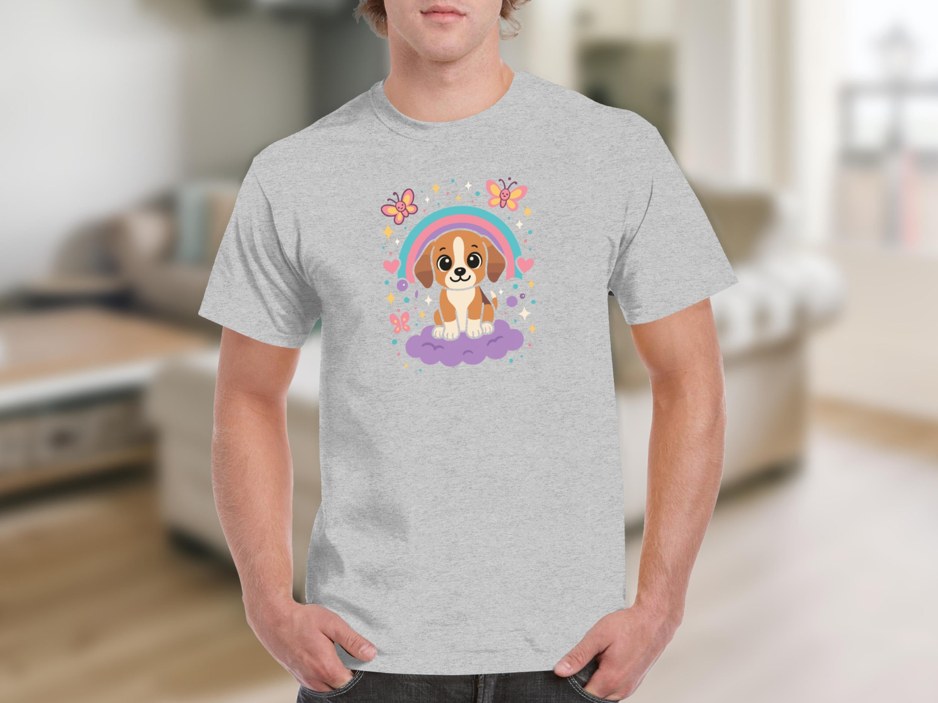 Cute Puppy with Rainbow and Flowers Design T-shirt