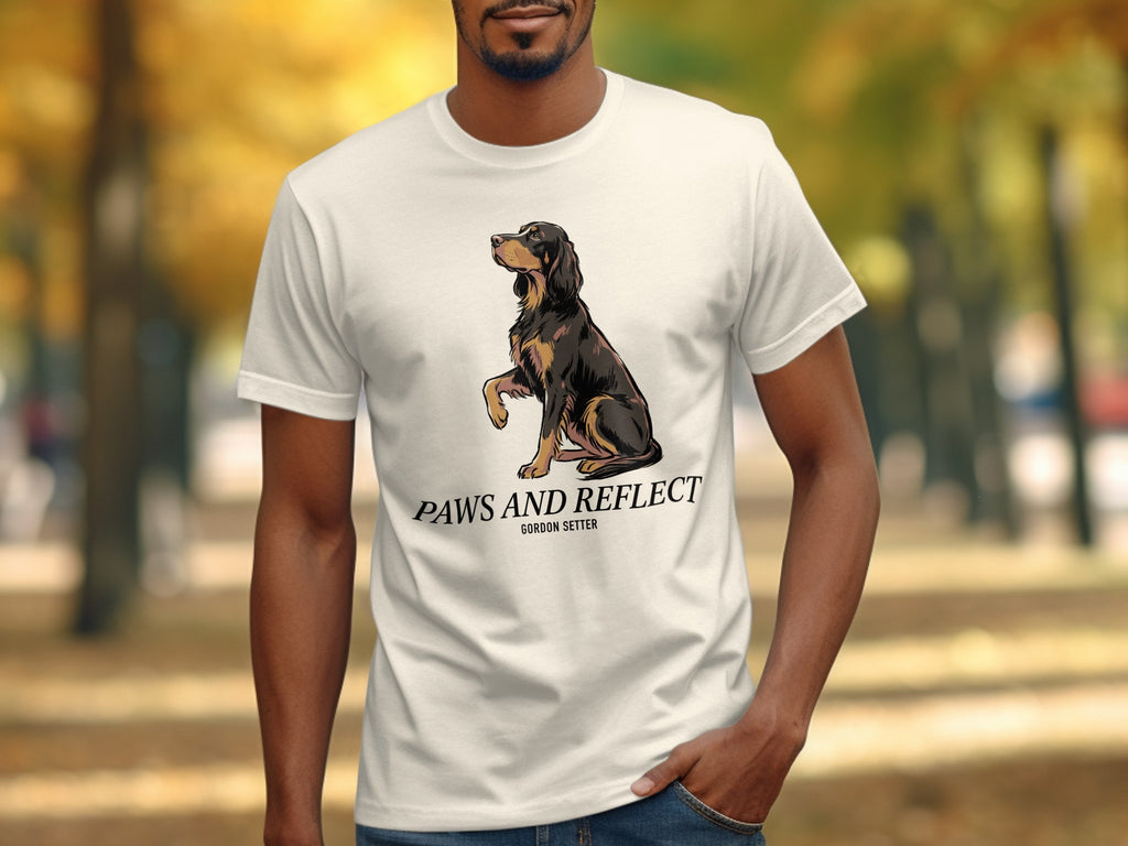 White t-shirt with Gordon Setter dog graphic and text "Paws and Reflect".
