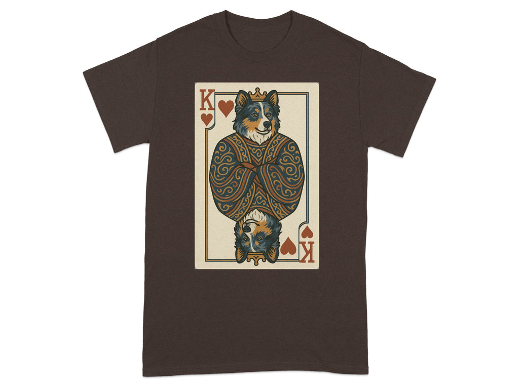 Brown t-shirt with King of Hearts playing card featuring a dog.