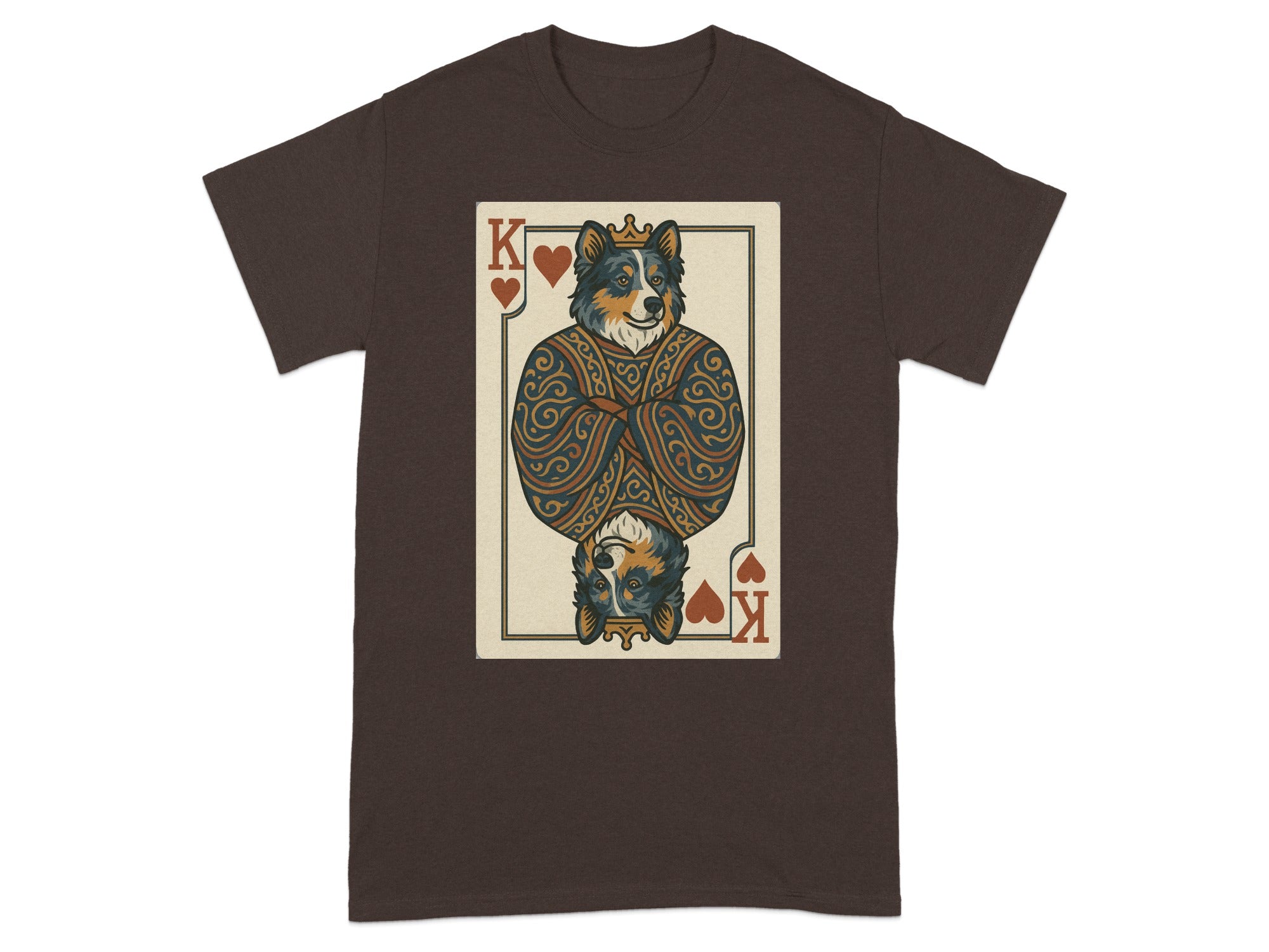 Brown t-shirt with King of Hearts playing card featuring a dog.