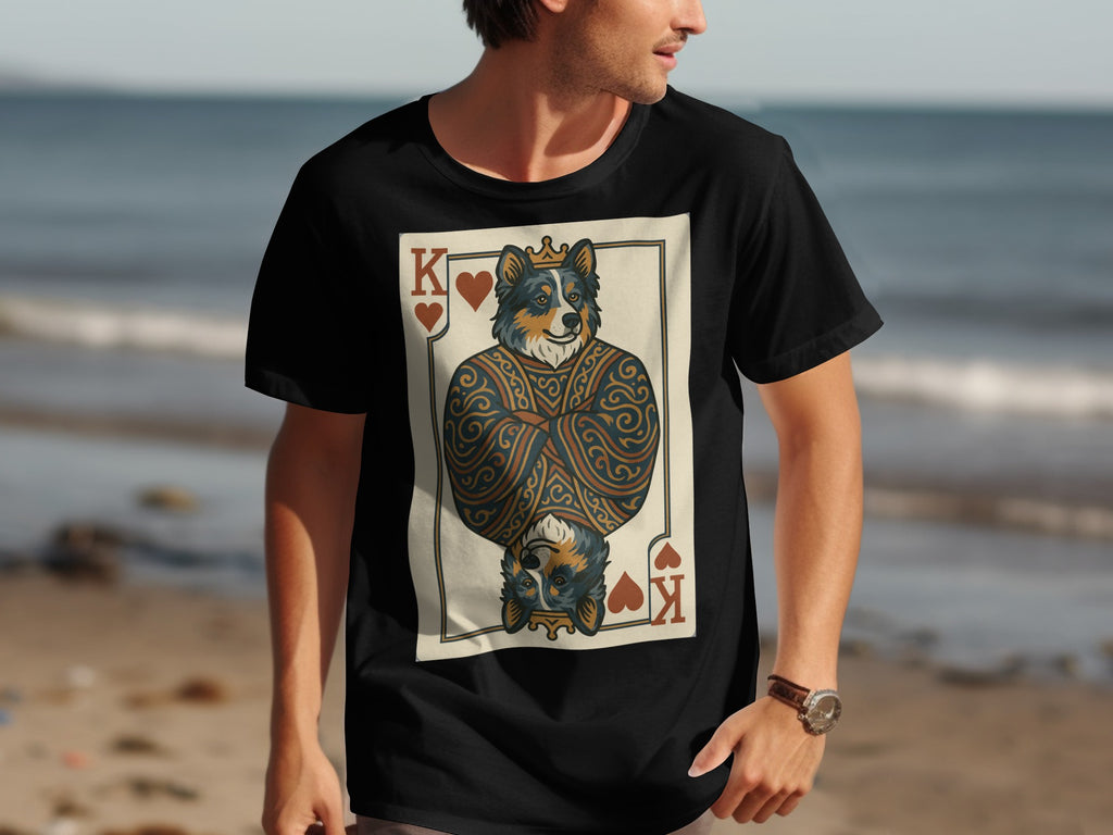 Black t-shirt with king playing card graphic of a crowned dog.