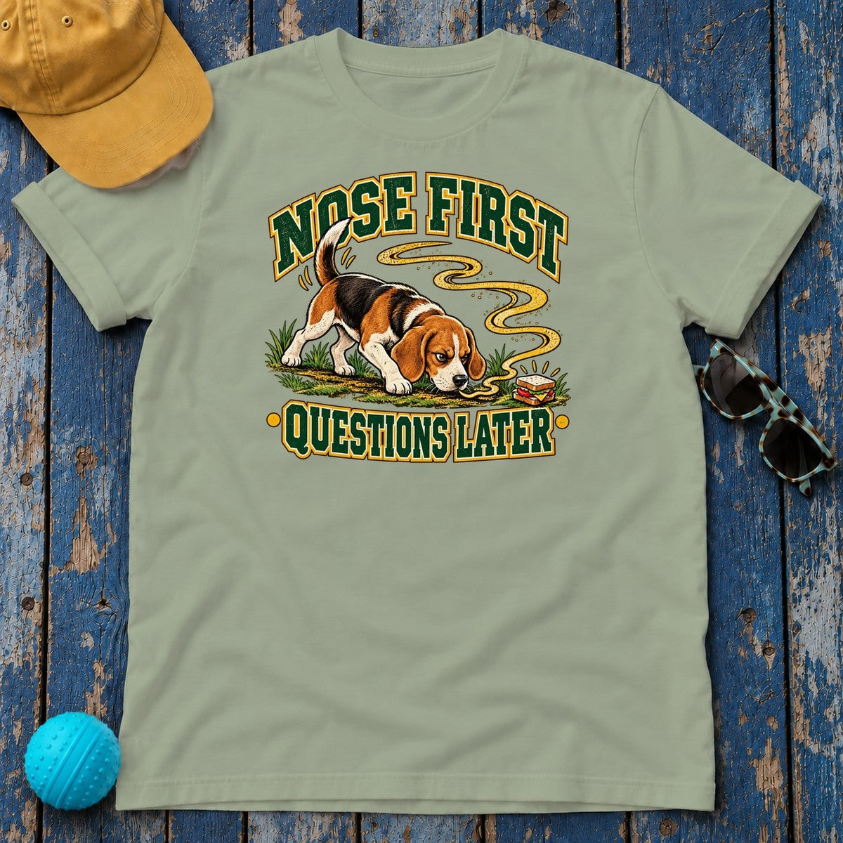 Nose First Questions Later Beagle T-Shirt in Sage - flat lay