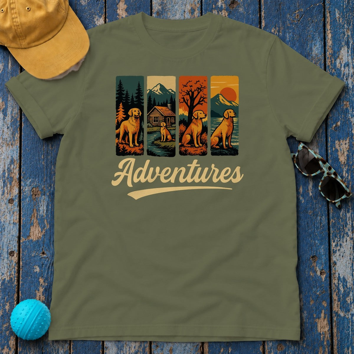 Adventures With Yellow Labrador In Nature T-Shirt in Military Green