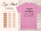 Gildan 5000 t-shirt size chart with "Every walk is an Investigation" graphic.