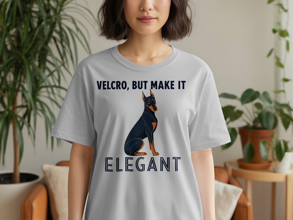 Gray t-shirt with Doberman and "Velcro, but make it elegant" text.