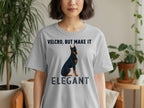 Gray t-shirt with Doberman and "Velcro, but make it elegant" text.