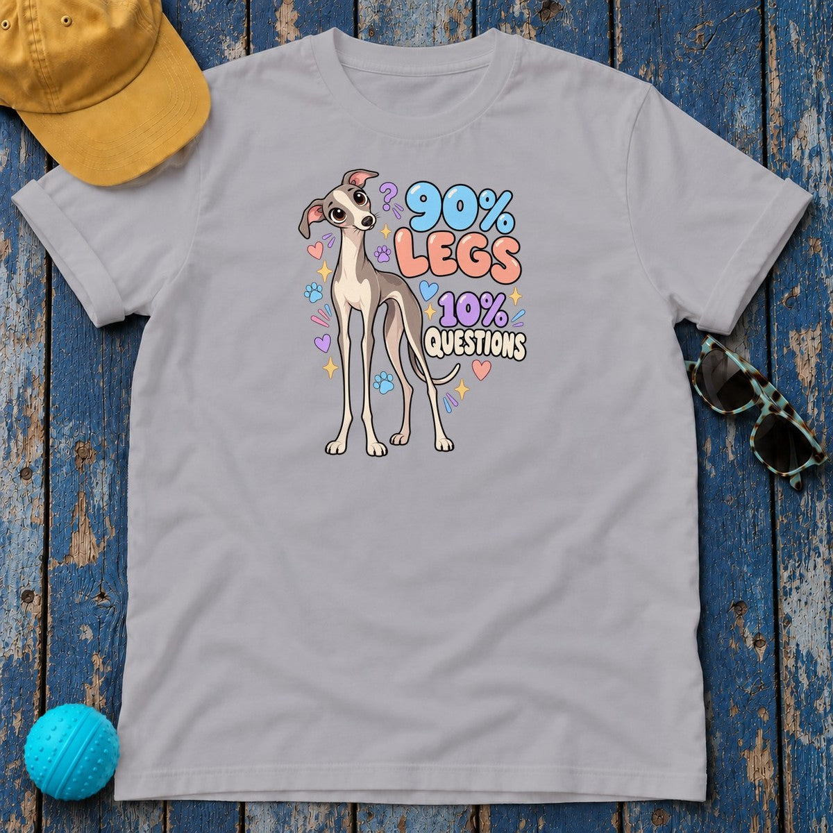 90 Percent Legs 10 Percent Questions Greyhound T-Shirt in Athletic Heather - flat lay