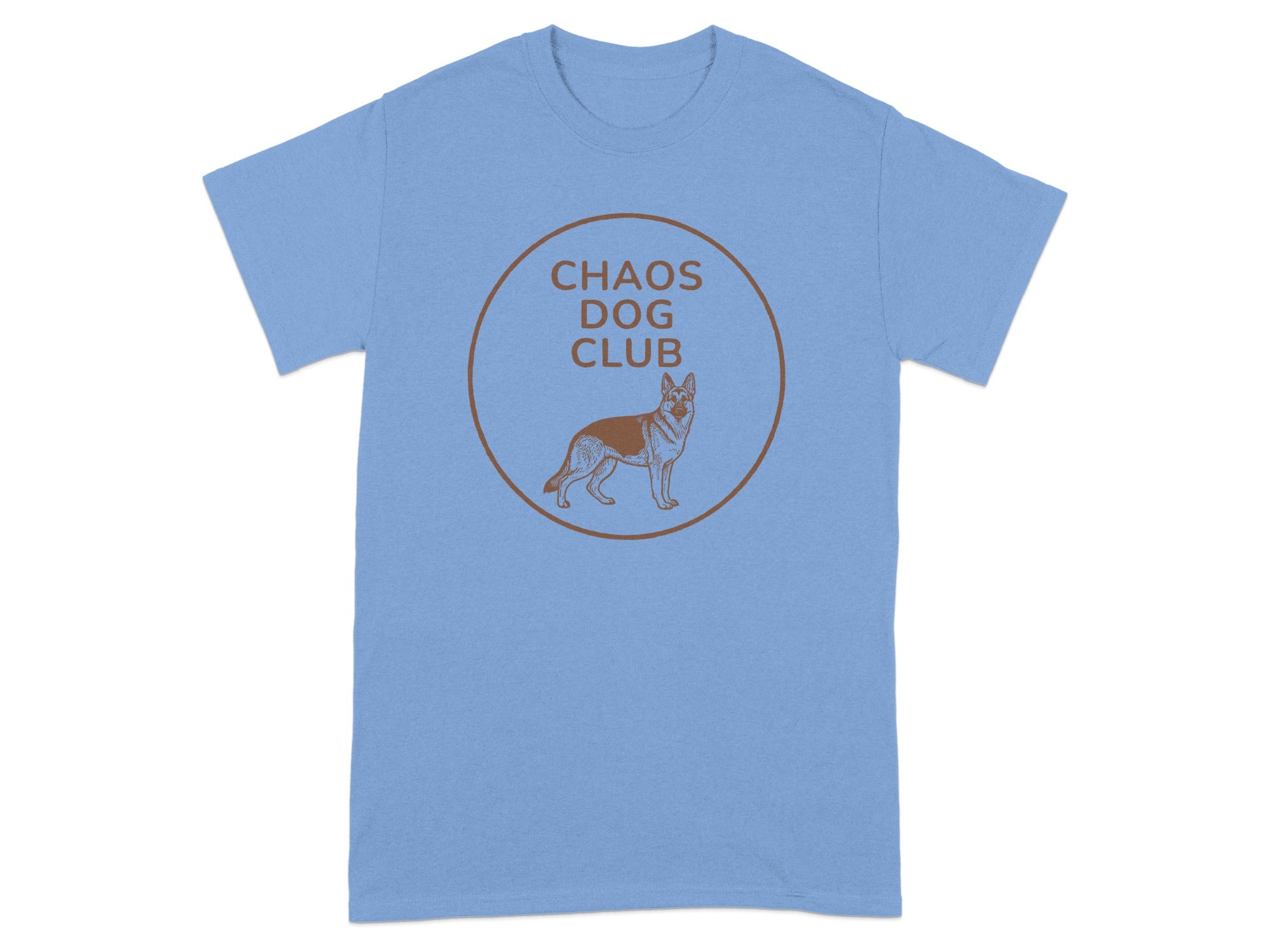 Blue t-shirt with "Chaos Dog Club" logo featuring a German Shepherd.