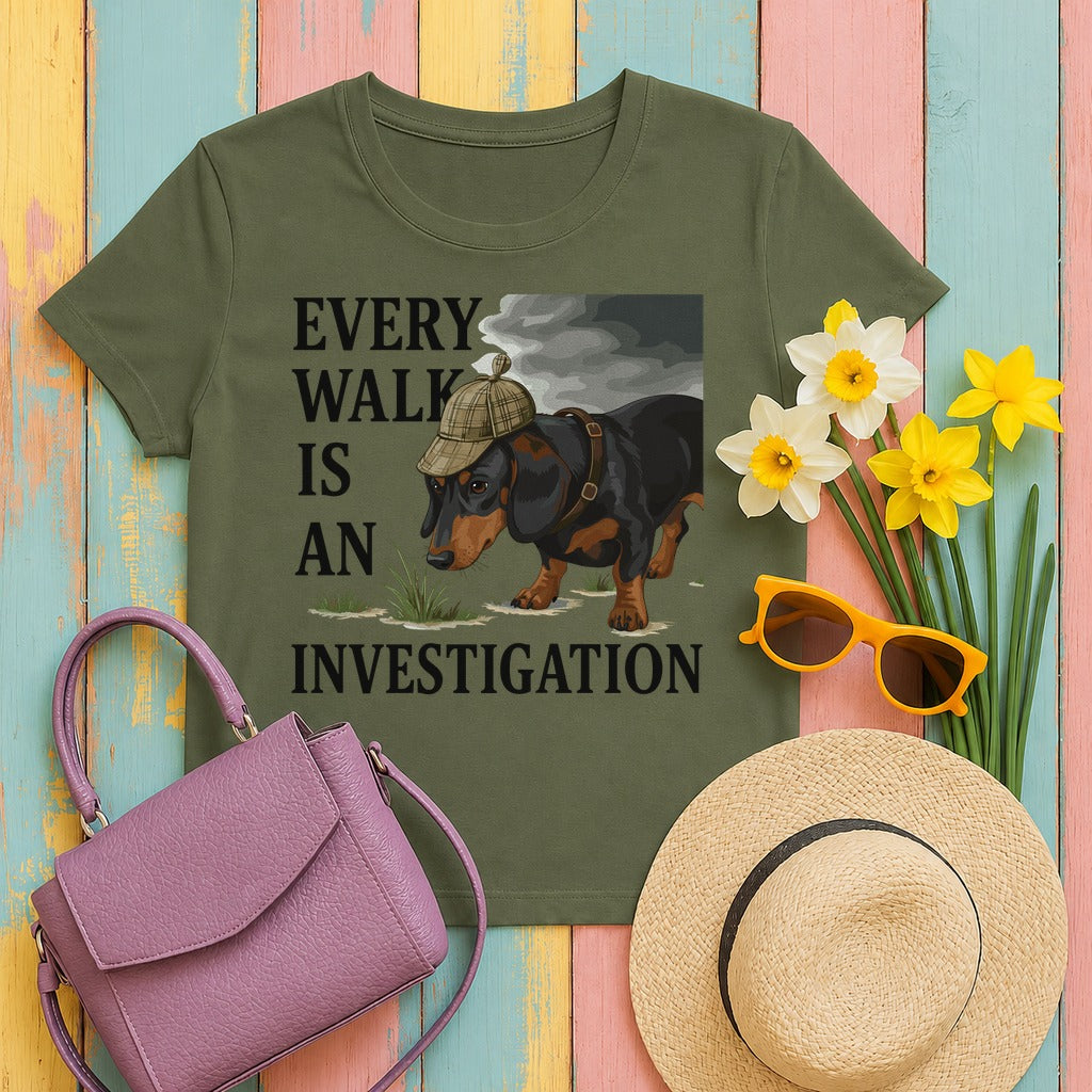 Dachshund Detective T-Shirt in Military Green