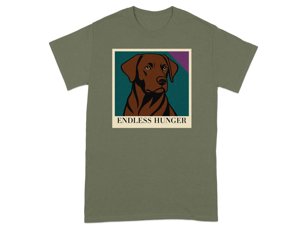 Green t-shirt with a portrait of a brown dog and the text "ENDLESS HUNGER".