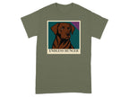 Green t-shirt with a portrait of a brown dog and the text "ENDLESS HUNGER".
