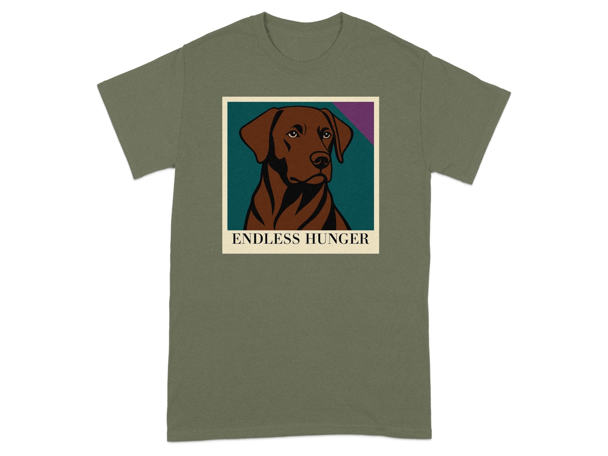 Green t-shirt with a portrait of a brown dog and the text "ENDLESS HUNGER".