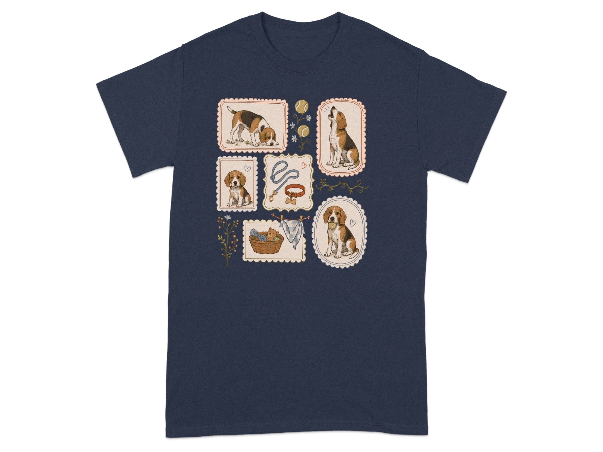 Navy t-shirt with five framed illustrations of beagles, a dog leash, and a basket of dog toys.