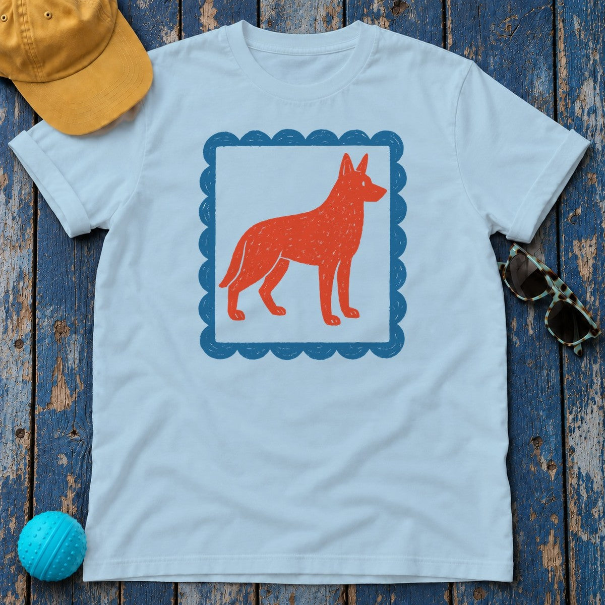 German Shepherd Stamp With Blue Border Decorative Design T-Shirt in Light Blue