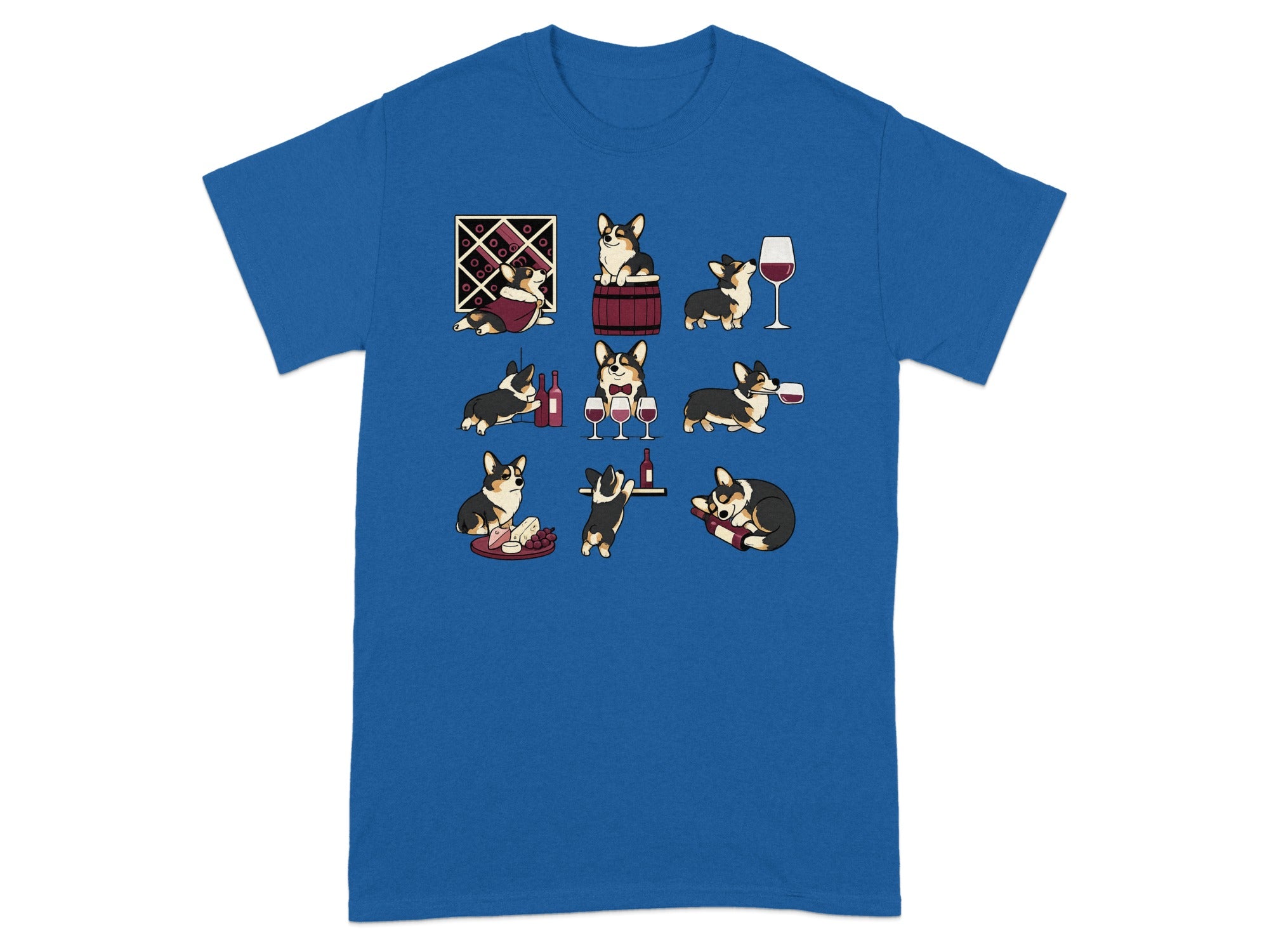 Cartoon corgis interacting with wine bottles, glasses, a barrel, and a cheese platter.