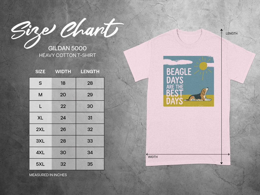Gildan 5000 heavy cotton t-shirt size chart with Beagle graphic.