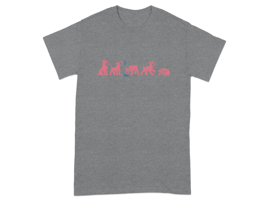 Grey t-shirt with a pink graphic of dogs in various poses and a blue water bowl.