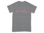 Grey t-shirt with a pink graphic of dogs in various poses and a blue water bowl.