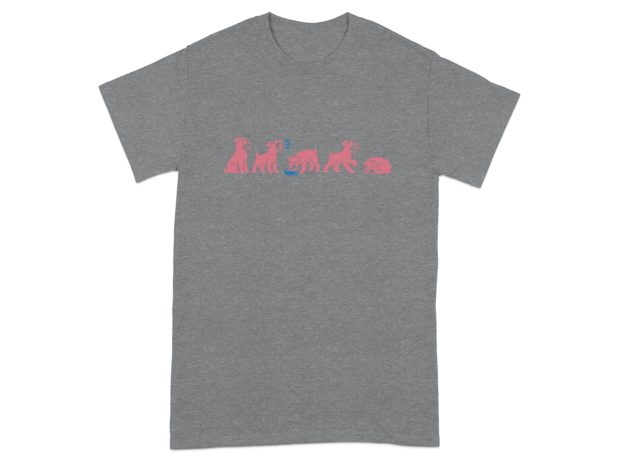 Grey t-shirt with a pink graphic of dogs in various poses and a blue water bowl.