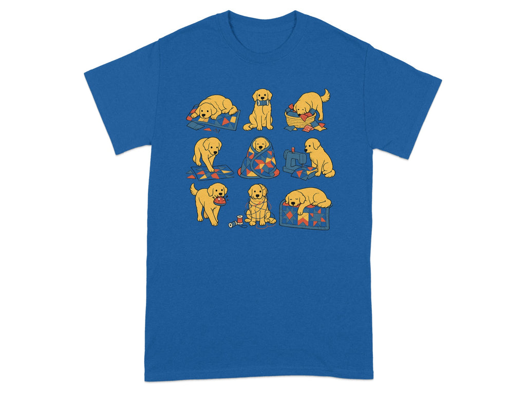 Nine golden retriever puppies engaged in various sewing and crafting activities on a blue t-shirt.