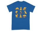 Nine golden retriever puppies engaged in various sewing and crafting activities on a blue t-shirt.