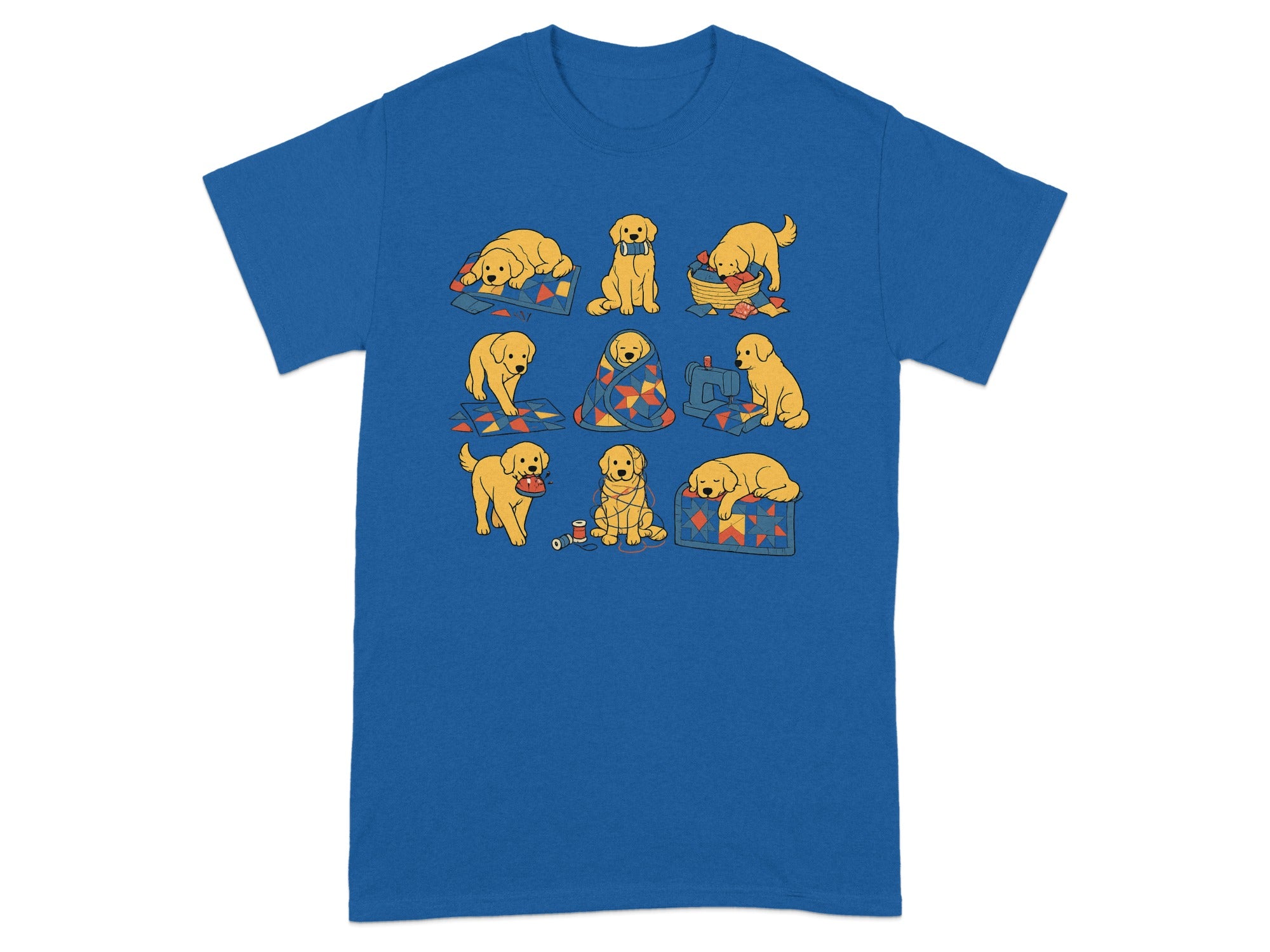 Nine golden retriever puppies engaged in various sewing and crafting activities on a blue t-shirt.