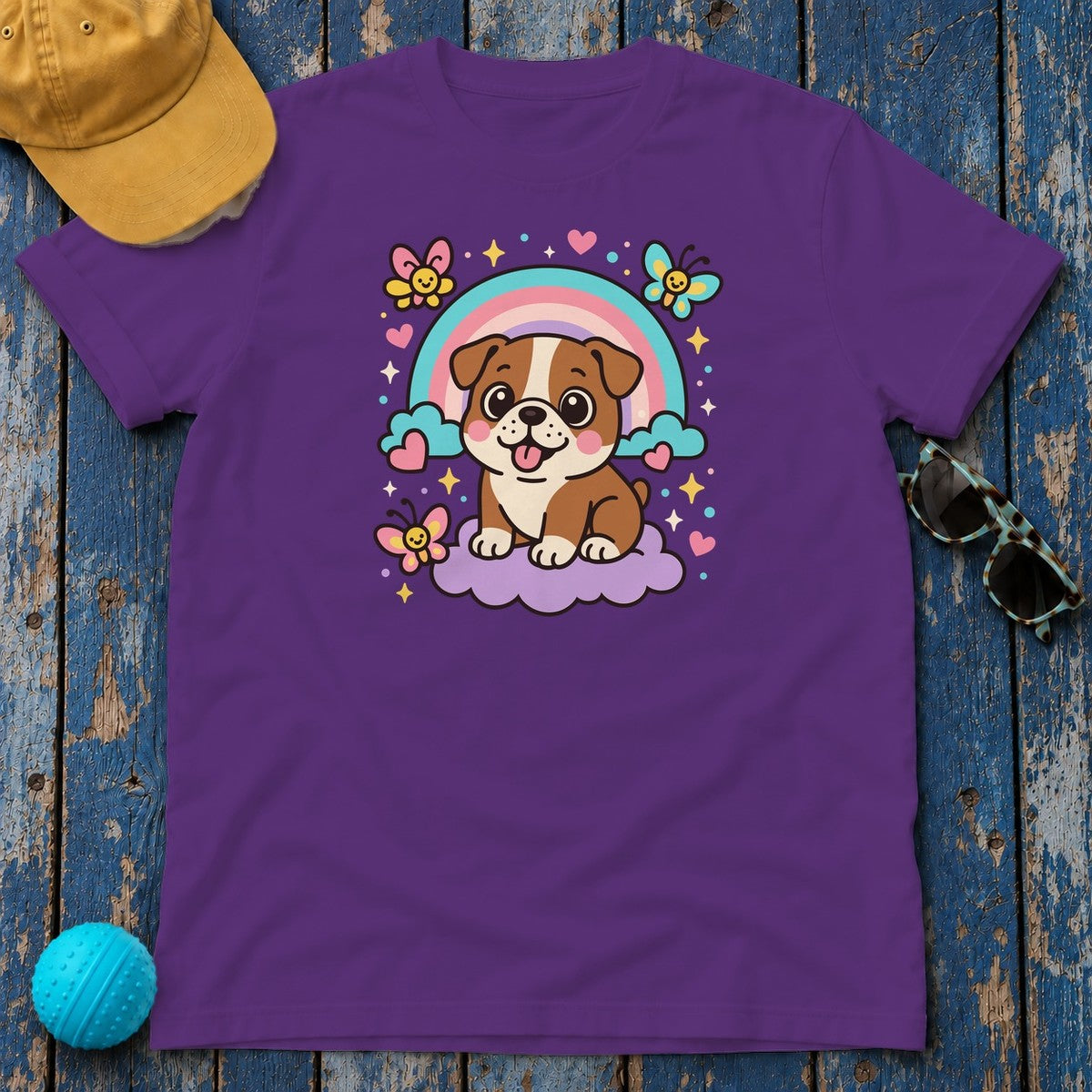 Adorable English Bulldog with Rainbow T-Shirt in Purple