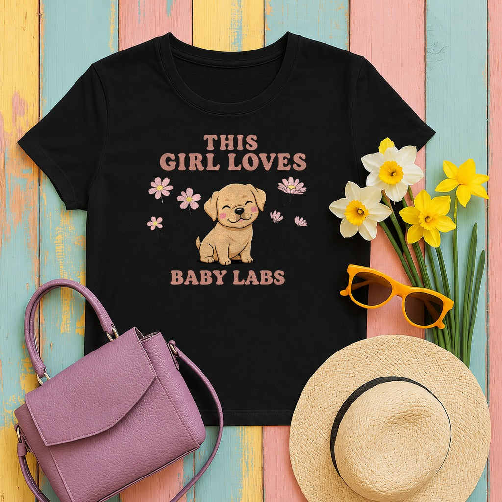 This Girl Loves Baby Labs Cute Puppy Dog Design T-Shirt in Black