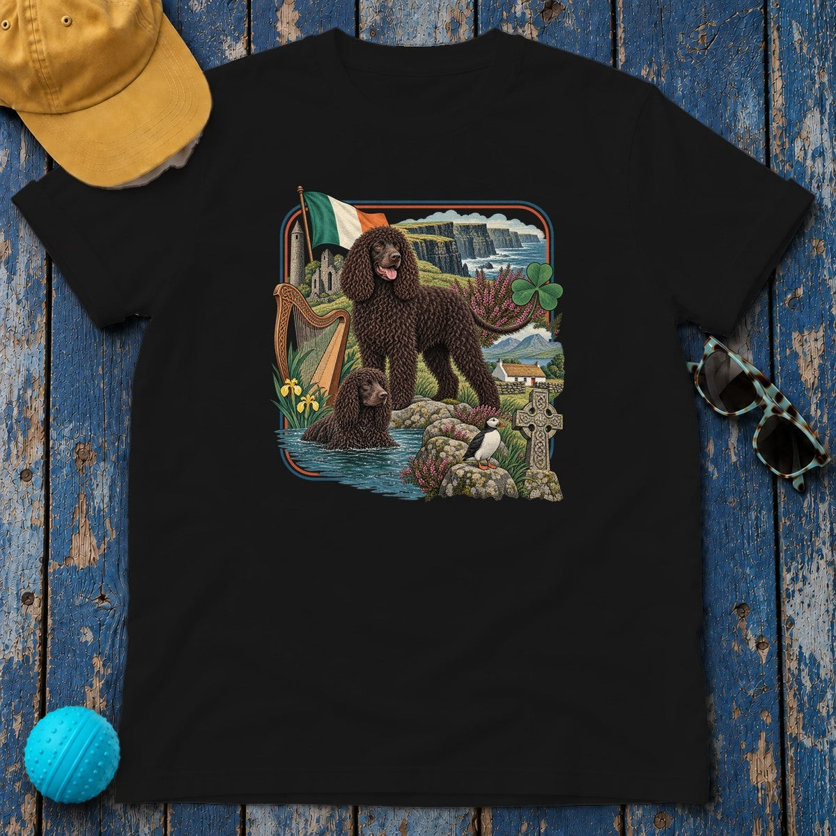 Irish Water Spaniel Ireland Heritage T-Shirt in Black