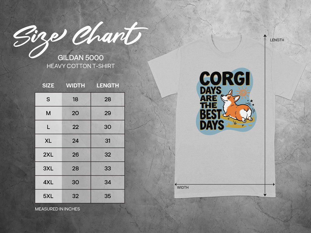 Gildan 5000 size chart with measurements for t-shirt width and length.