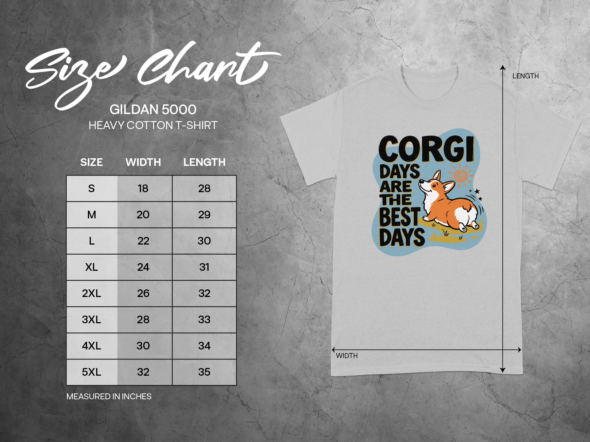 Gildan 5000 size chart with measurements for t-shirt width and length.