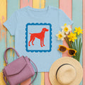 Red Vizsla Dog within a Blue Scalloped Frame T-Shirt in Light Blue