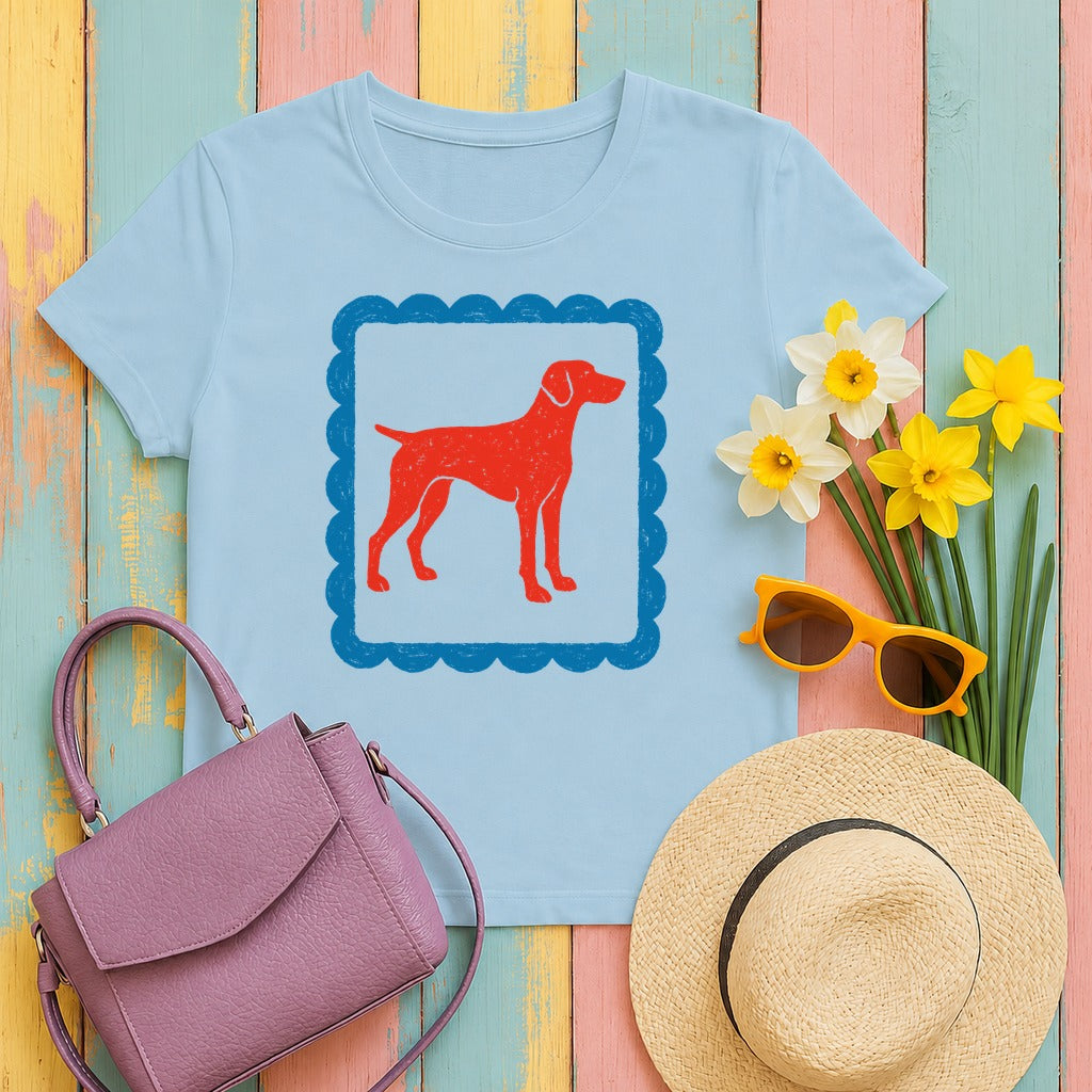 Red Vizsla Dog within a Blue Scalloped Frame T-Shirt in Light Blue