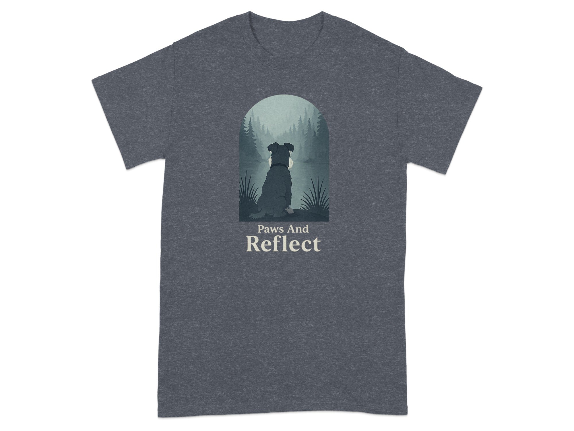 Dark grey t-shirt with dog sitting by water, text "Paws And Reflect".