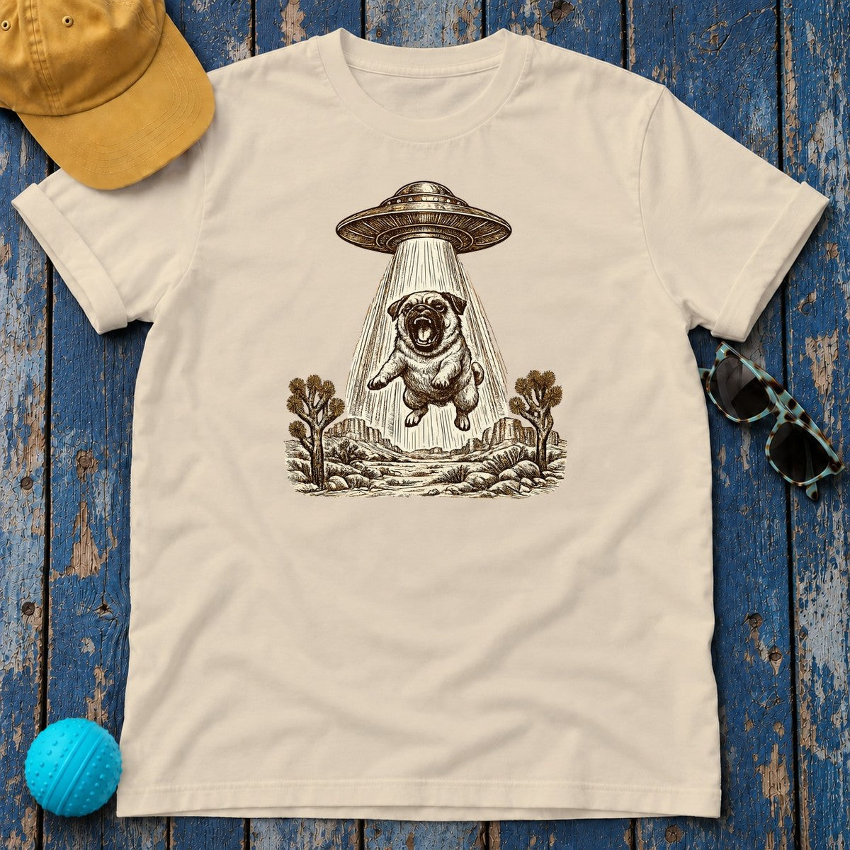 Cosmic Canine Desert Daze Pug T-Shirt in Sand