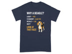 Navy t-shirt with beagle illustration and text asking "WHY A BEAGLE?"