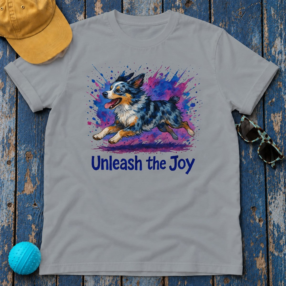 Vibrant Splash Australian Shepherd T-Shirt in Gravel