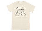 Cream t-shirt with black poodle line art and text "Slow down, enjoy walks."