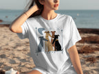 T-shirt featuring abstract drawing of four greyhounds sitting together.