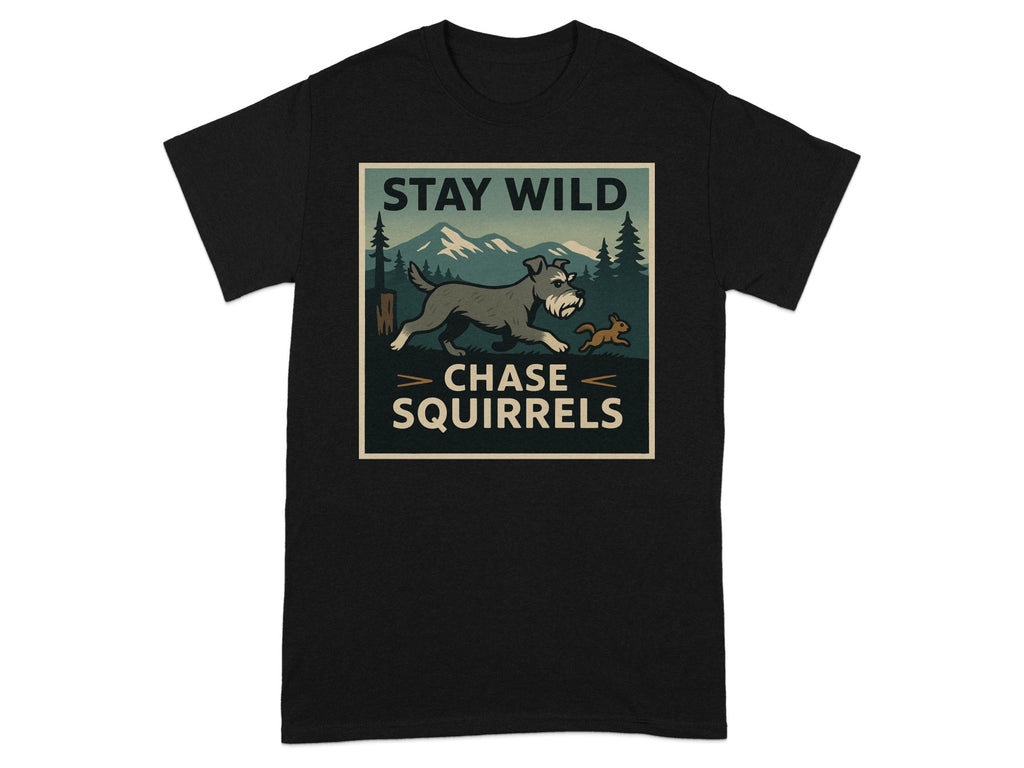 Black t-shirt with "STAY WILD CHASE SQUIRRELS" graphic featuring a dog and squirrel in nature.