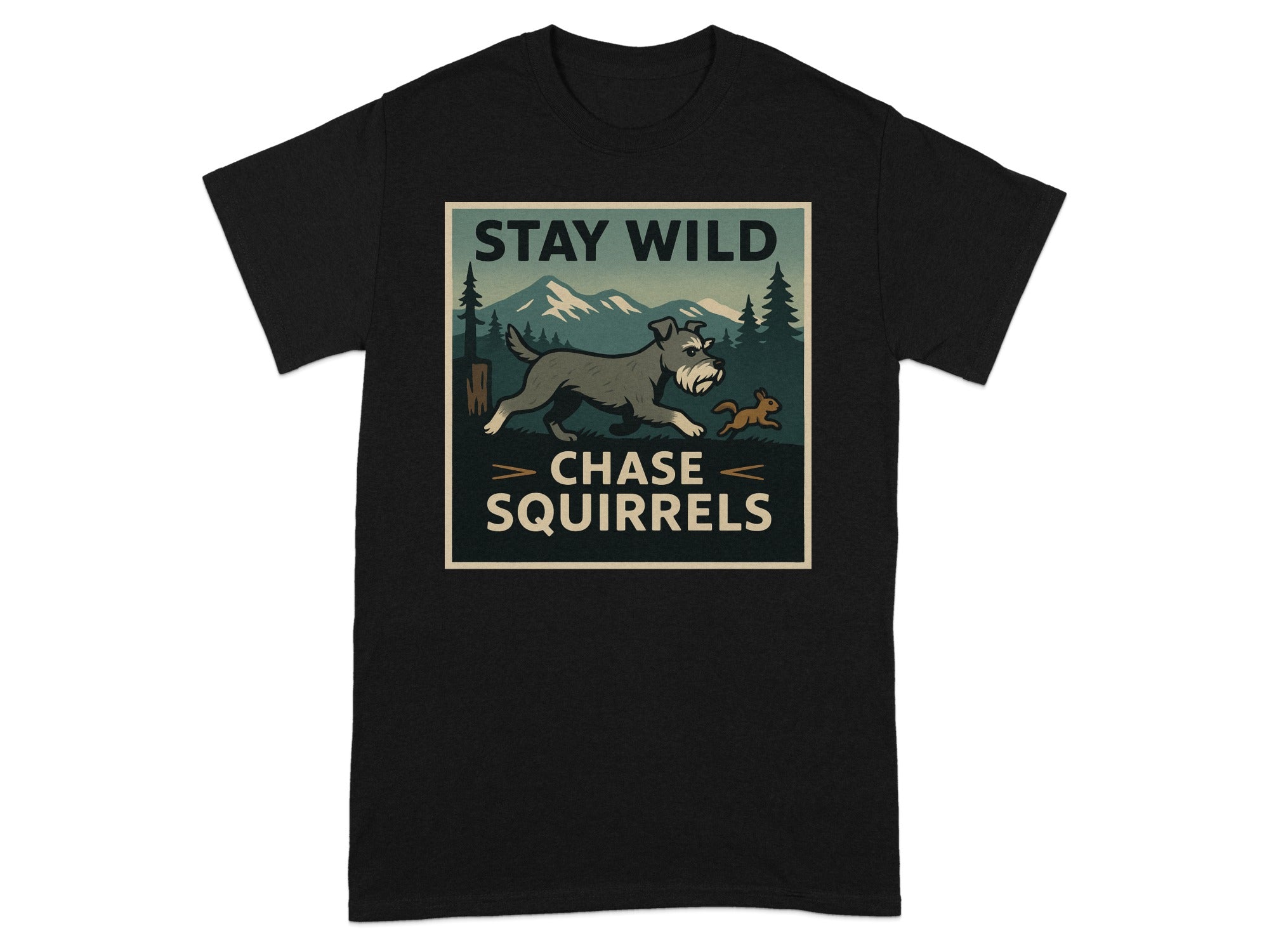 Black t-shirt with "STAY WILD CHASE SQUIRRELS" graphic featuring a dog and squirrel in nature.