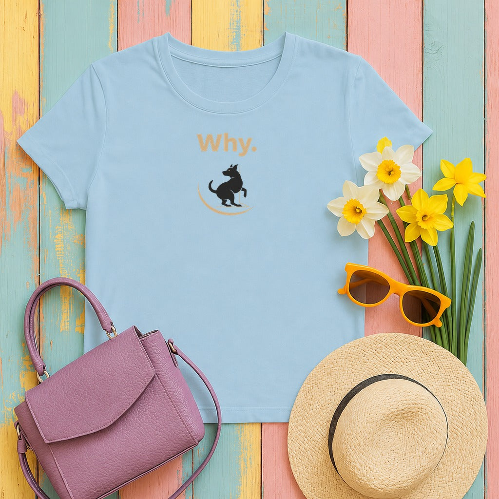 Why Curious Dog Silhouette Playful Question Design T-Shirt in Light Blue