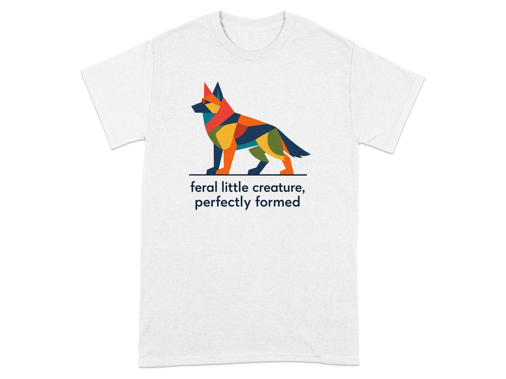 Geometric dog illustration with text "feral little creature, perfectly formed".