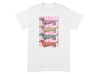Four dachshunds in purple, tan, blue, and red stacked on pink stripes.