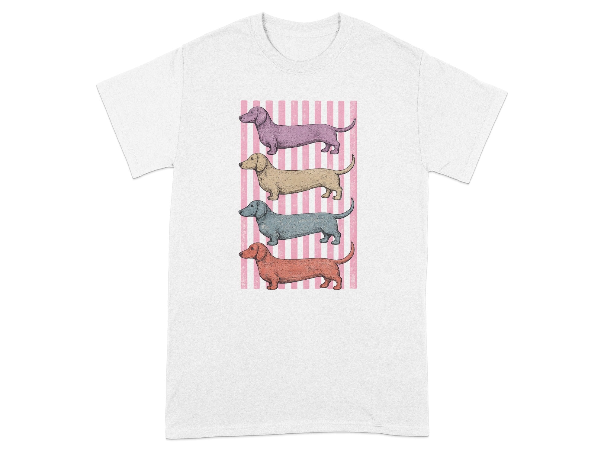 Four dachshunds in purple, tan, blue, and red stacked on pink stripes.