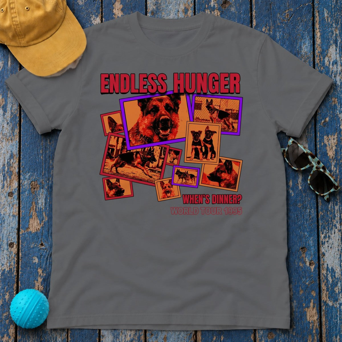 Endless Hunger Whens Dinner? German Shepherd World Tour 1995 Graphic T-Shirt in Graphite Heather