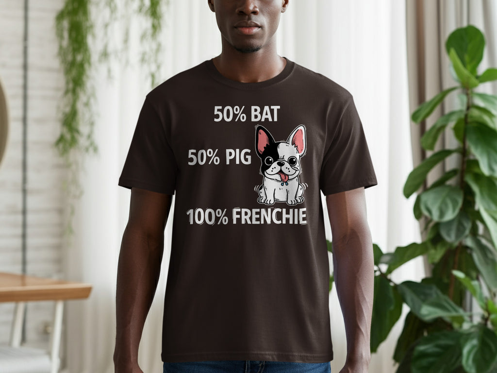 Dark t-shirt with "50% BAT 50% PIG 100% FRENCHIE" and a French bulldog graphic.