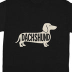 Black t-shirt with a stylized dachshund design and the word "DACHSHUND".