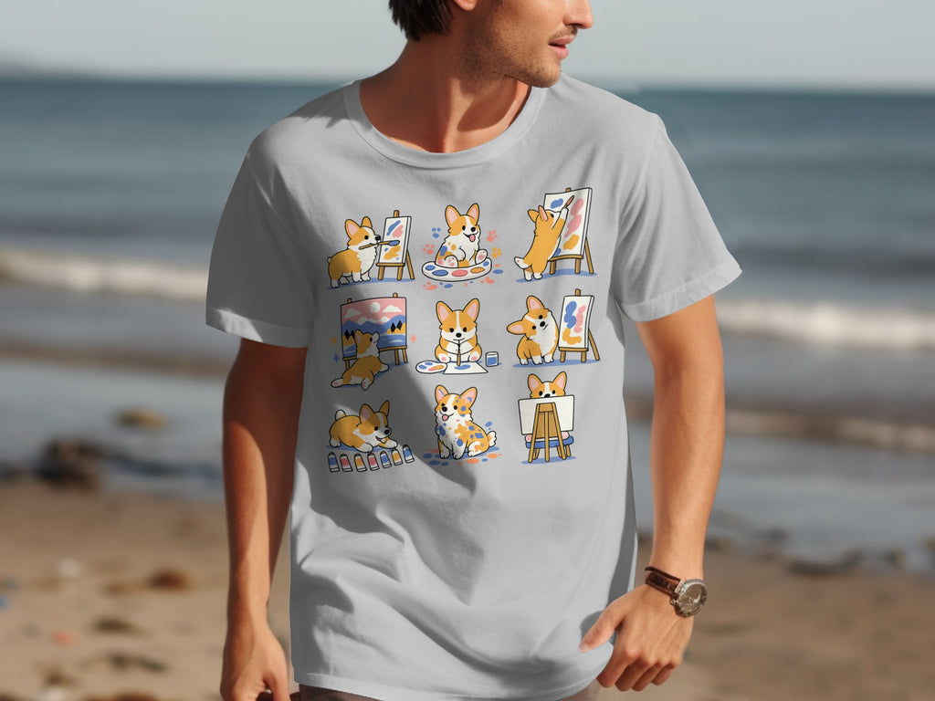 Grey t-shirt featuring montage of adorable corgis painting on easels.