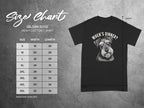 Size chart for a Gildan 5000 heavy cotton t-shirt with dog graphic.